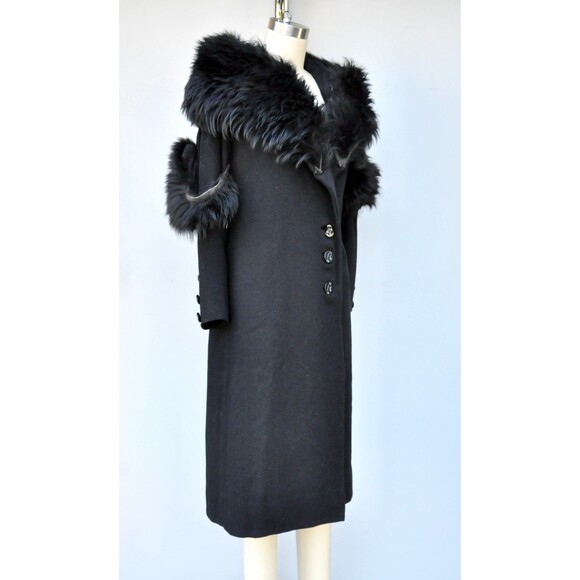 Vintage Wool Coat w/ Huge Fox Fur Collar & Fur on Sleeves Goth Steampunk 80s XS - Picture 4 of 10